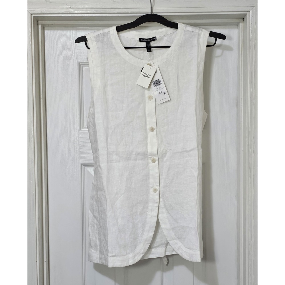 Eileen Fisher Sz Small Organic Linen White Round Neck Long Button Front Vest